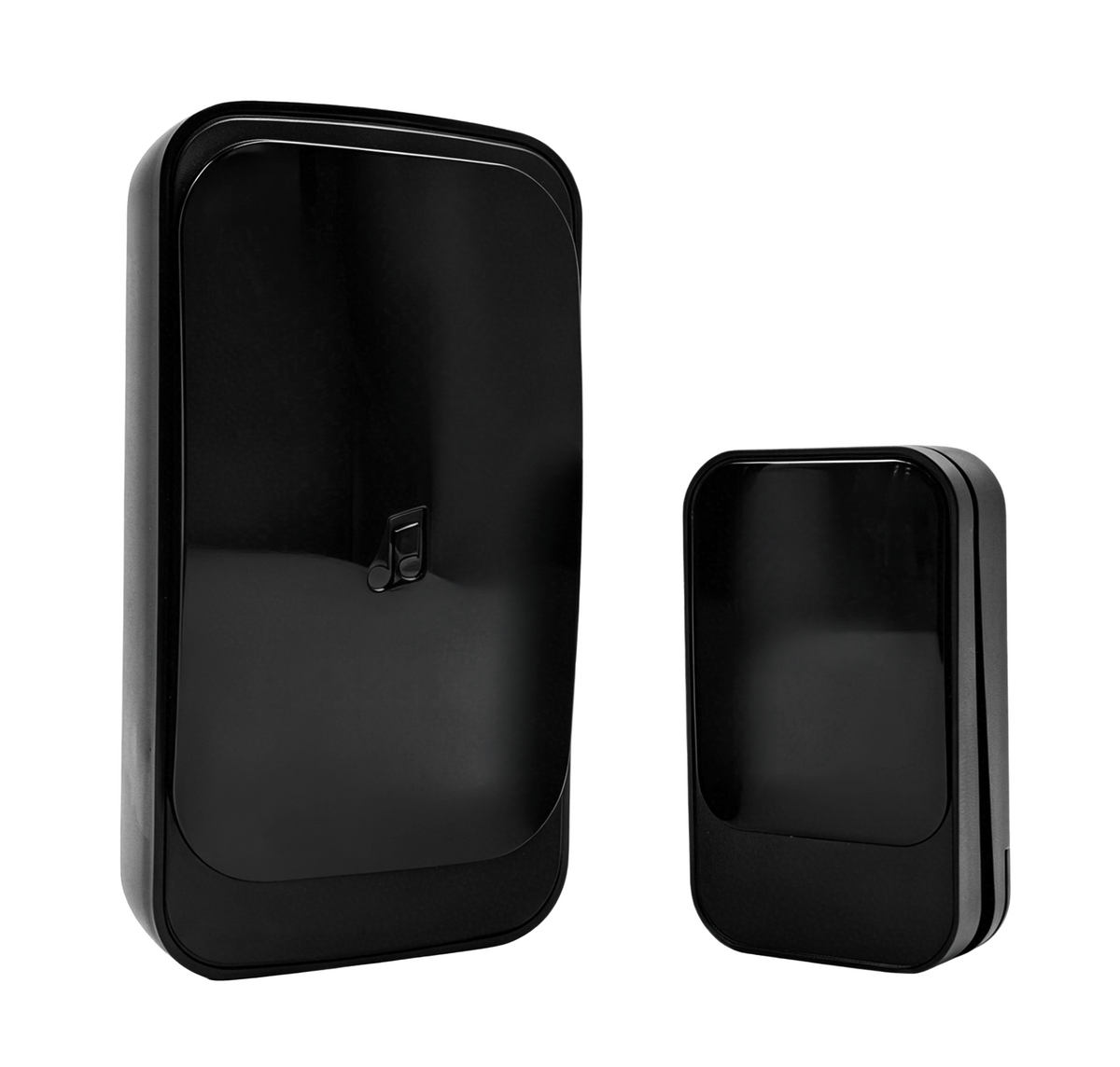 Minimalist pure black wireless doorbell set B03 series featuring rectangular receiver with embossed music note and IP68 waterproof push button.