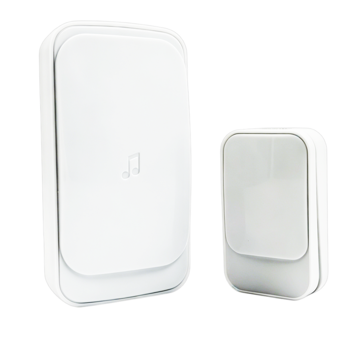 Minimalist pure white wireless doorbell set B03 series featuring rectangular receiver with embossed music note and IP68 waterproof push button.